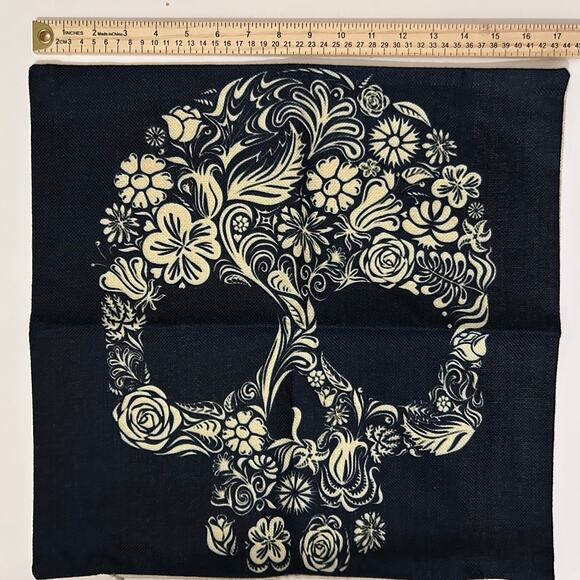 Day of the Dead Sugar Skull Black Beige Floral Pillow Cover - Picture 4 of 5